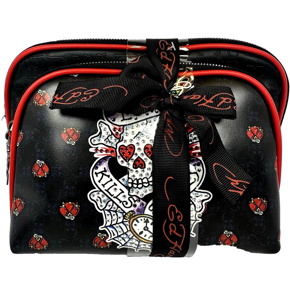 Ed Hardy Cosmetic Bag 2 Piece Set Rhinestone Skull Hearts Tattoo Style NWT
